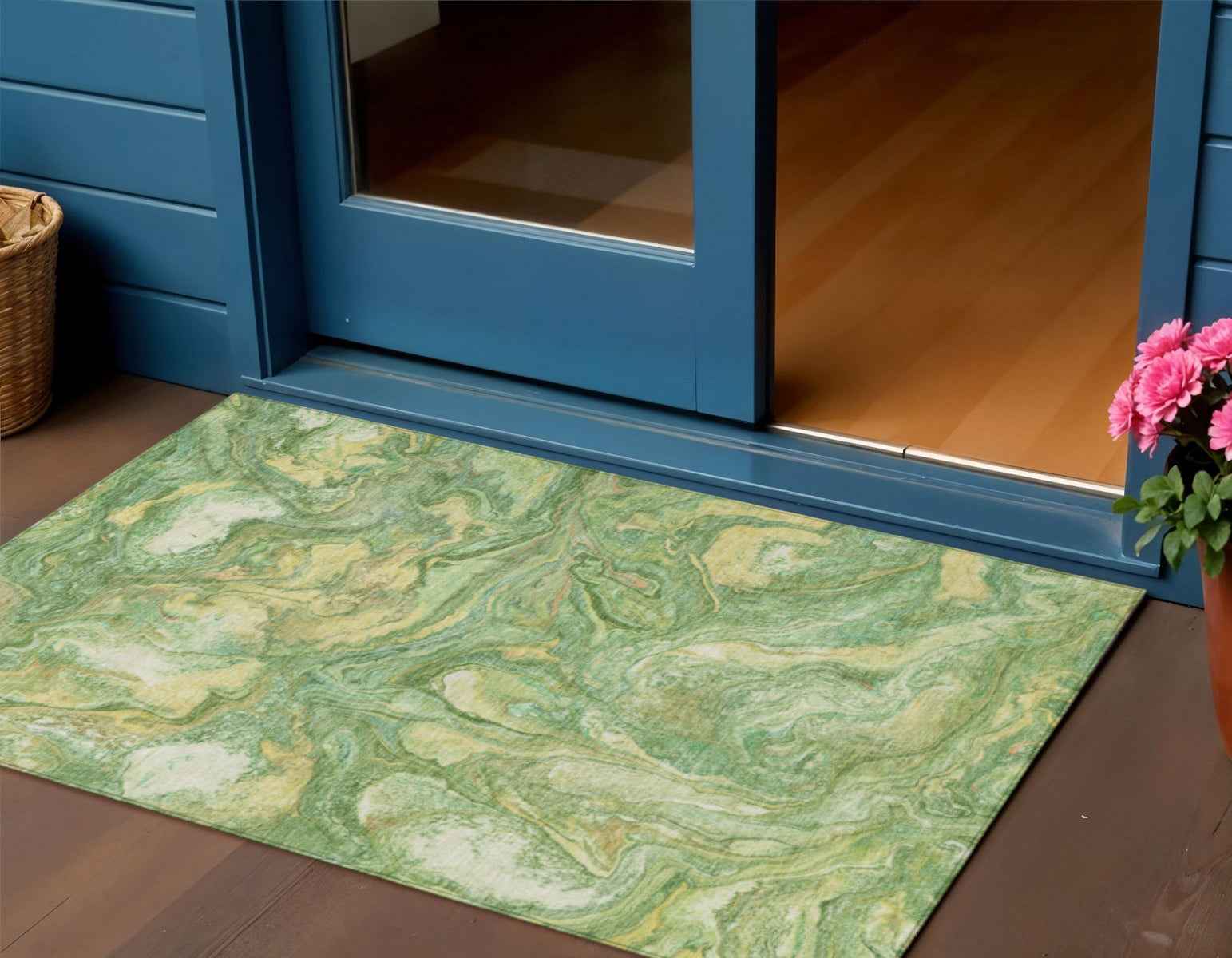 3' X 5' Green And Gold Abstract Washable Indoor Outdoor Area Rug