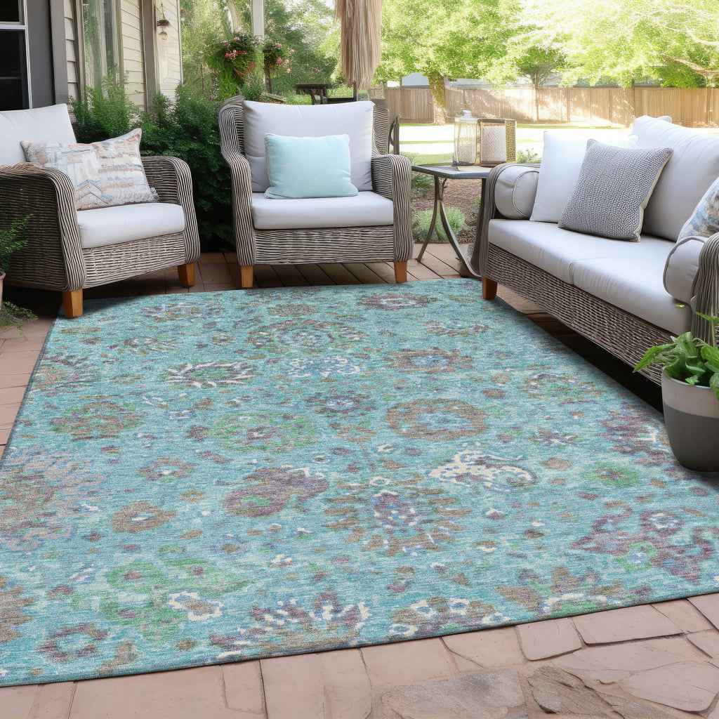 5' X 8' Teal Blue Taupe And Ivory Floral Washable Indoor Outdoor Area Rug Default Title
