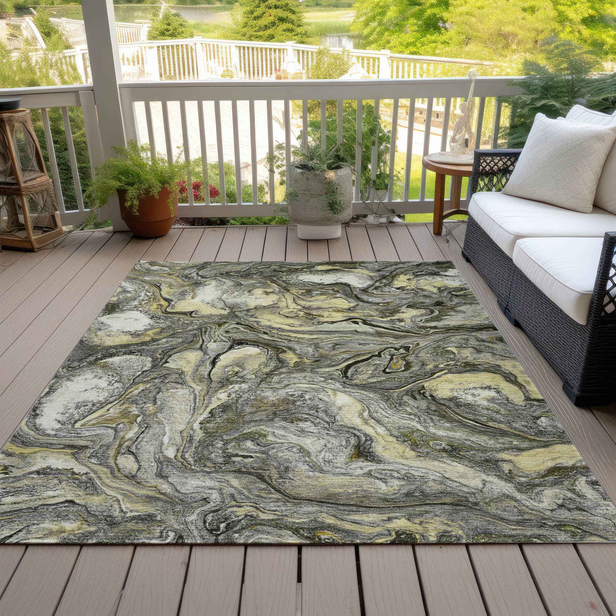 8' X 10' Pewter And Gold Abstract Washable Indoor Outdoor Area Rug