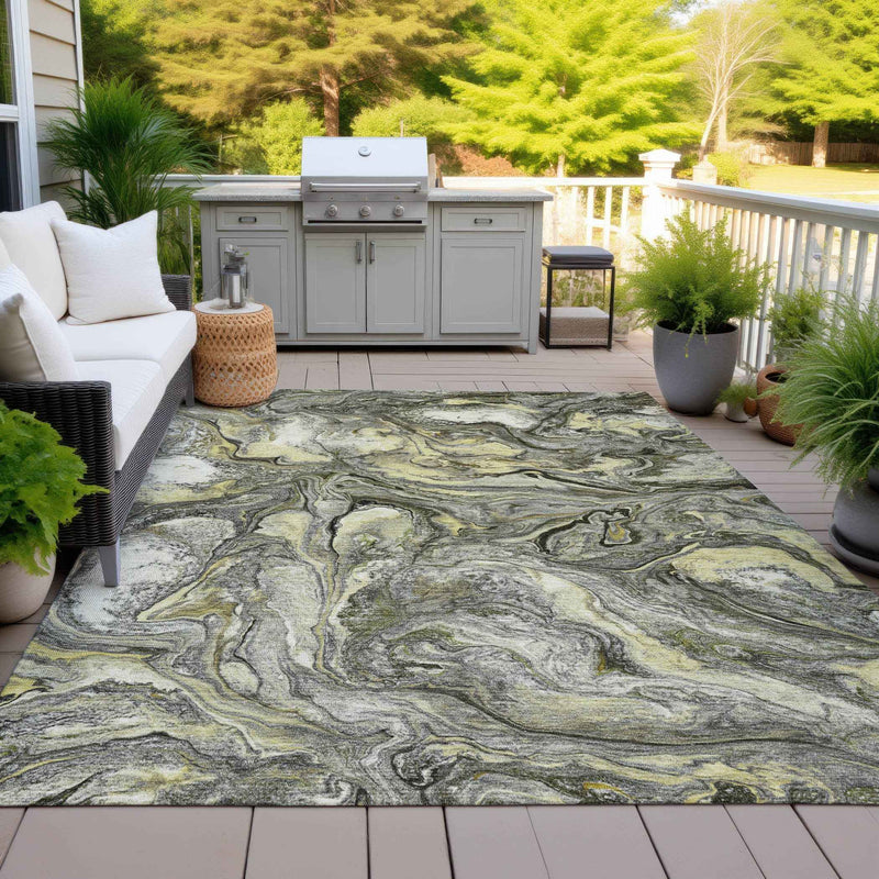 8' X 10' Pewter And Gold Abstract Washable Indoor Outdoor Area Rug