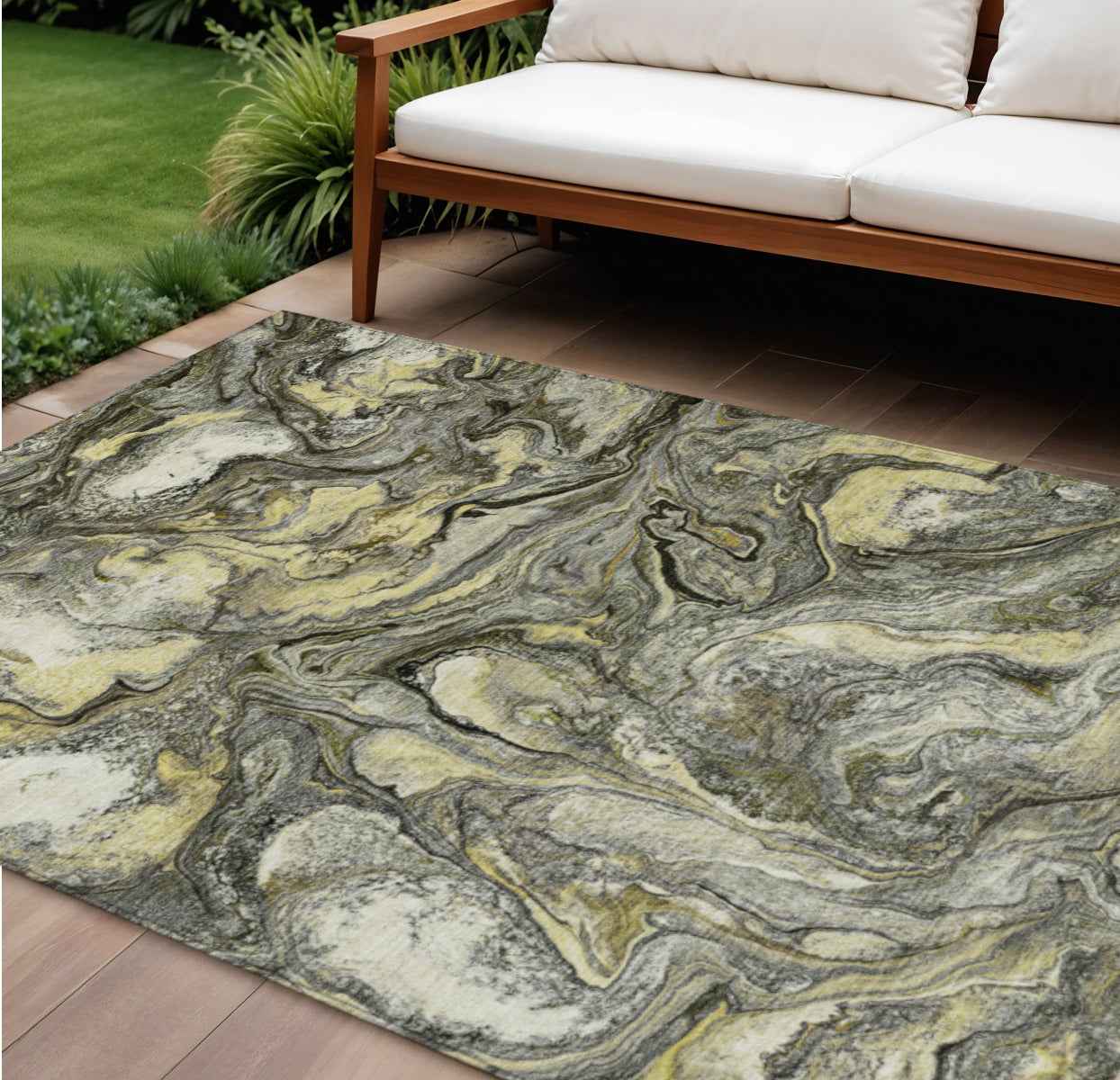 8' X 10' Pewter And Gold Abstract Washable Indoor Outdoor Area Rug