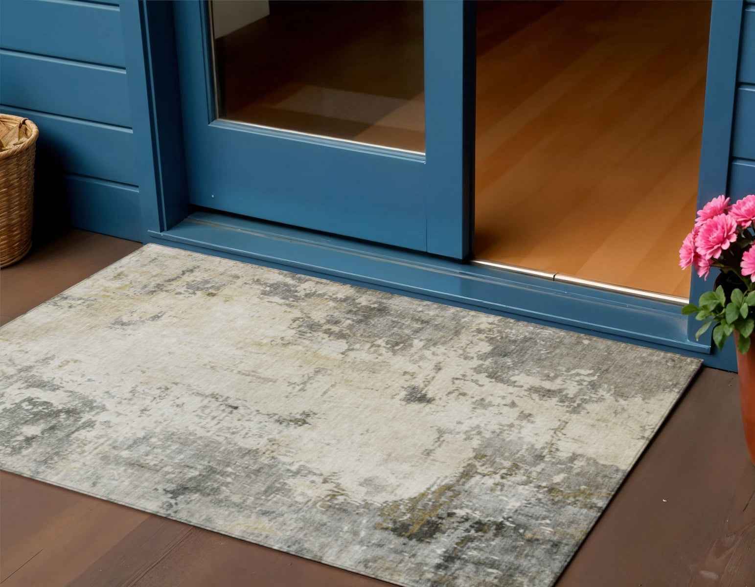 3' X 5' Pewter And Ivory Abstract Washable Indoor Outdoor Area Rug