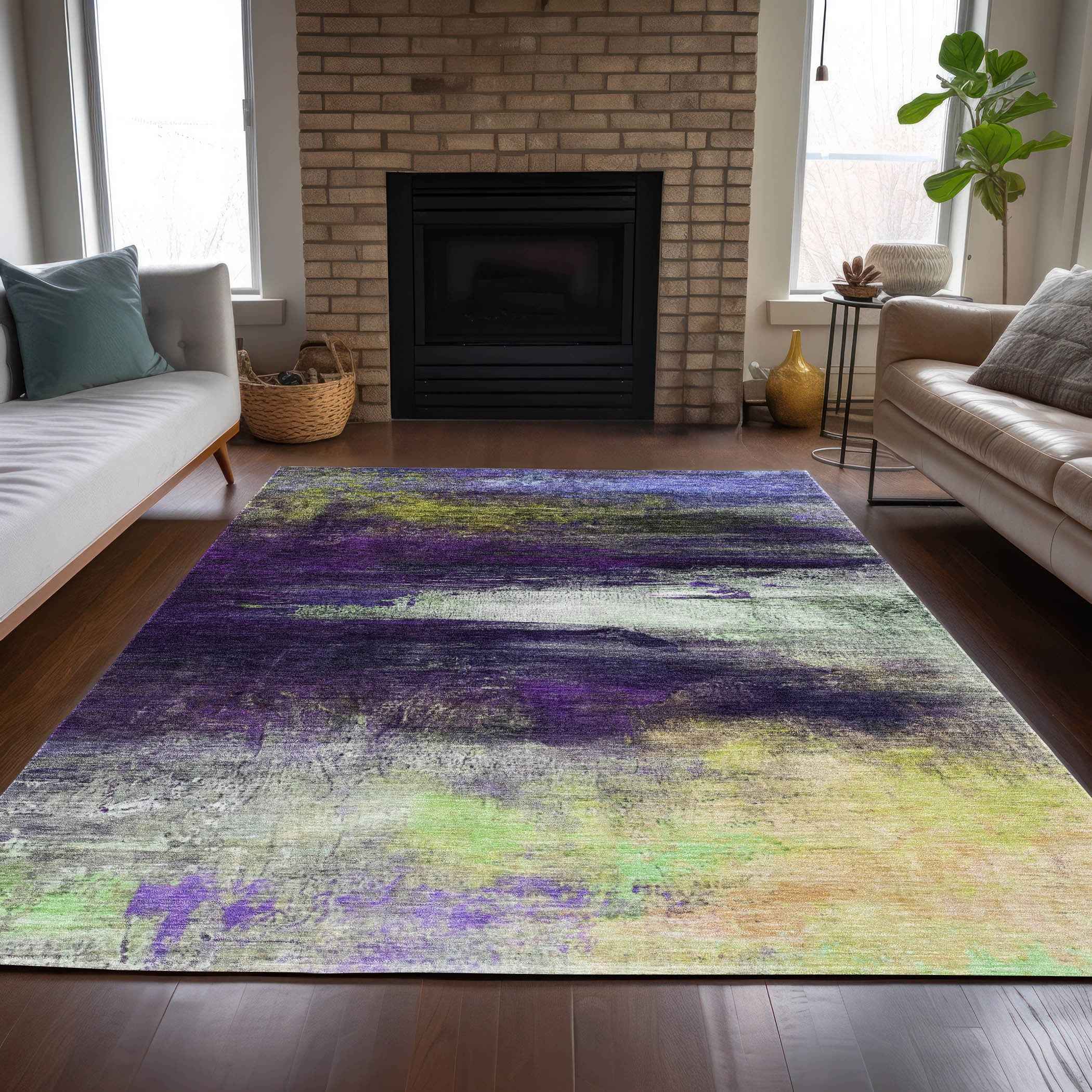 3' X 5' Purple Yellow And Ivory Abstract Washable Indoor Outdoor Area Rug
