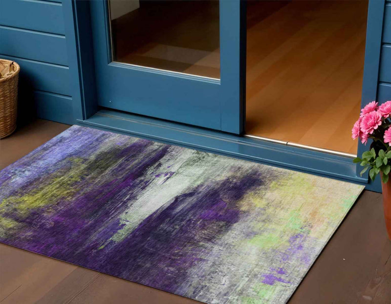 3' X 5' Purple Yellow And Ivory Abstract Washable Indoor Outdoor Area Rug