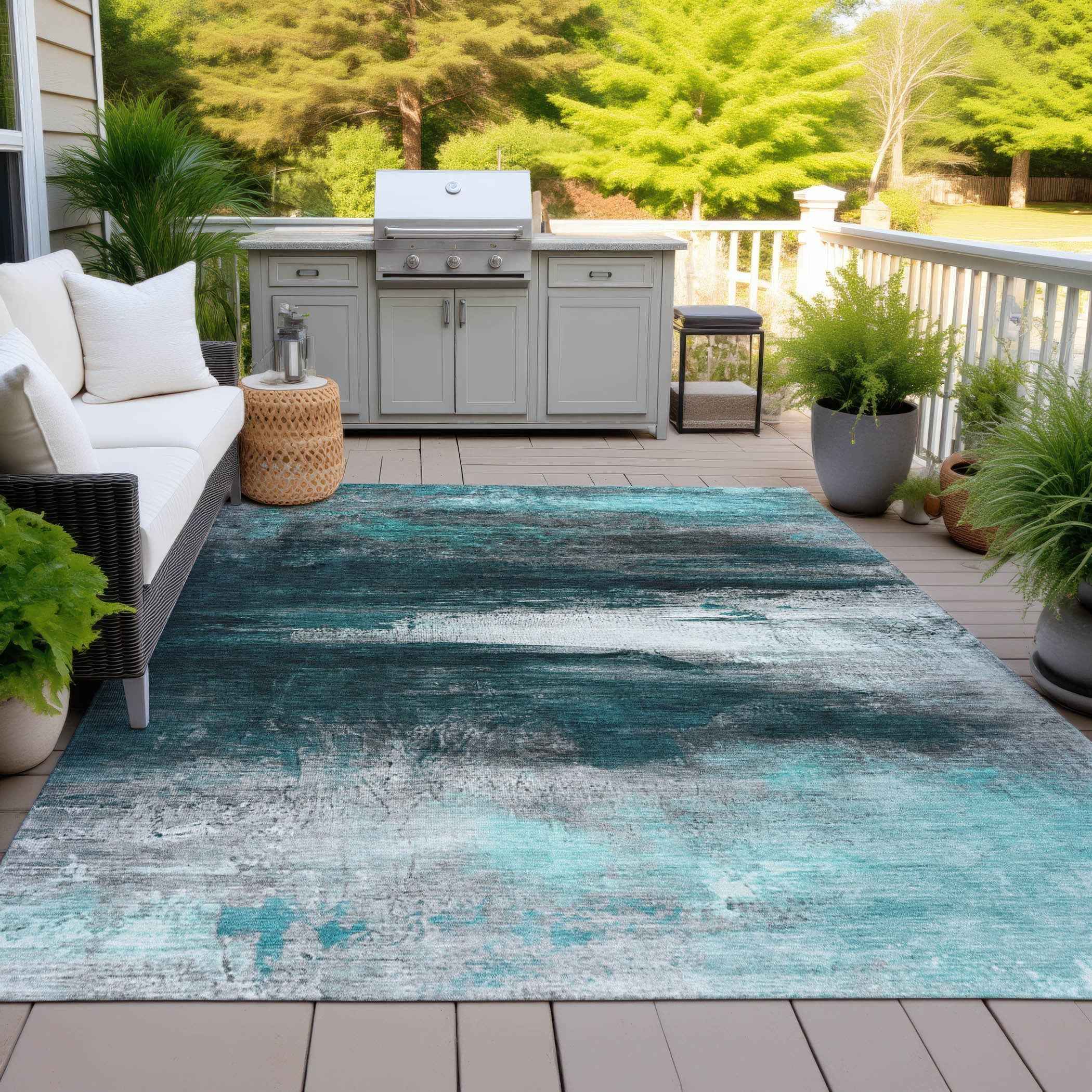8' X 10' Teal Blue Aqua And Charcoal Abstract Washable Indoor Outdoor Area Rug