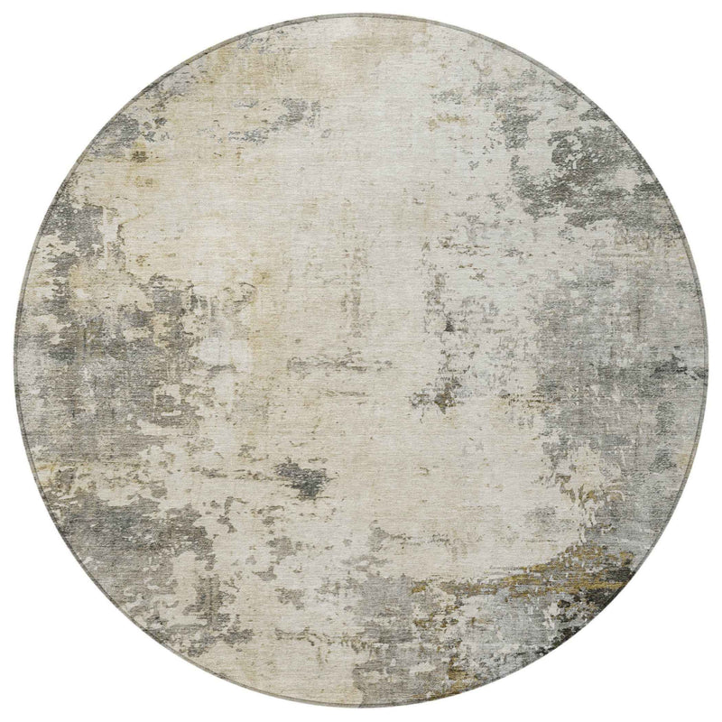 8' Pewter And Ivory Round Abstract Washable Indoor Outdoor Area Rug