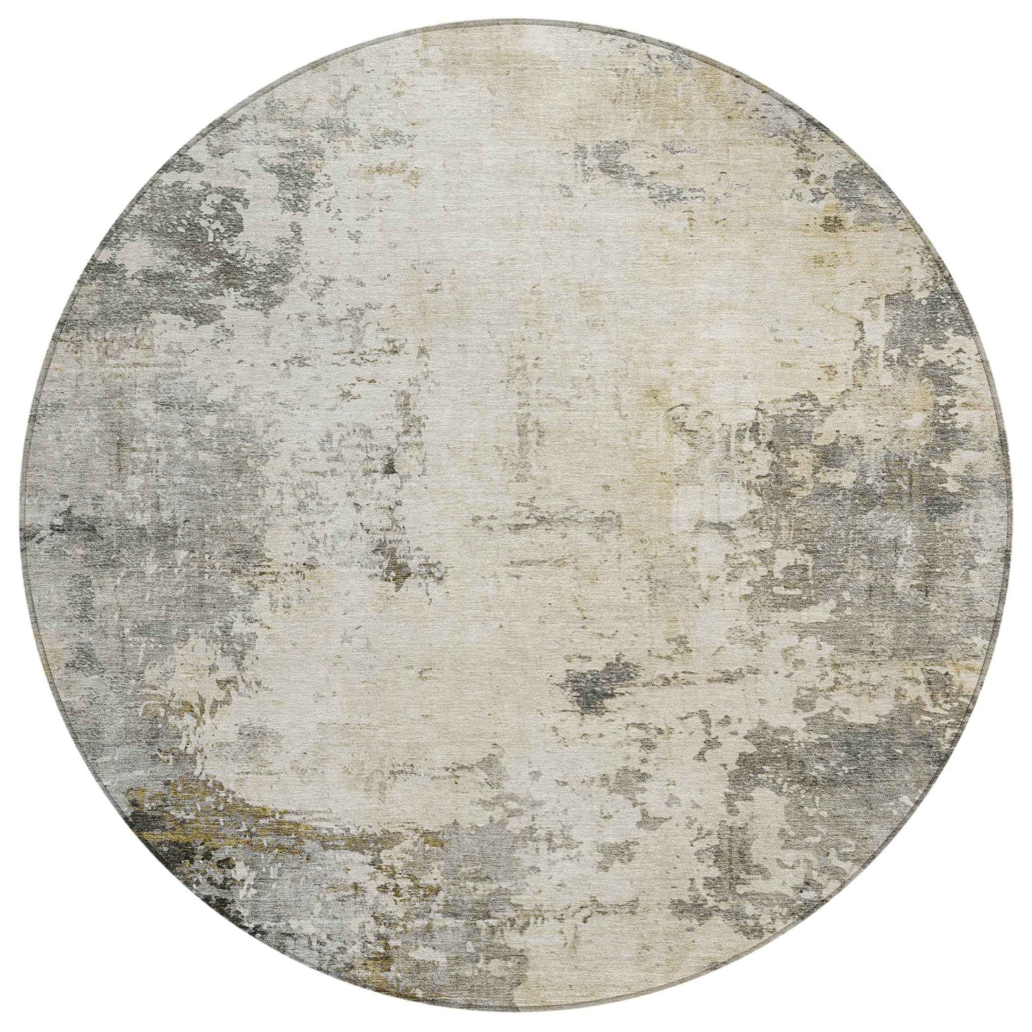 8' Pewter And Ivory Round Abstract Washable Indoor Outdoor Area Rug