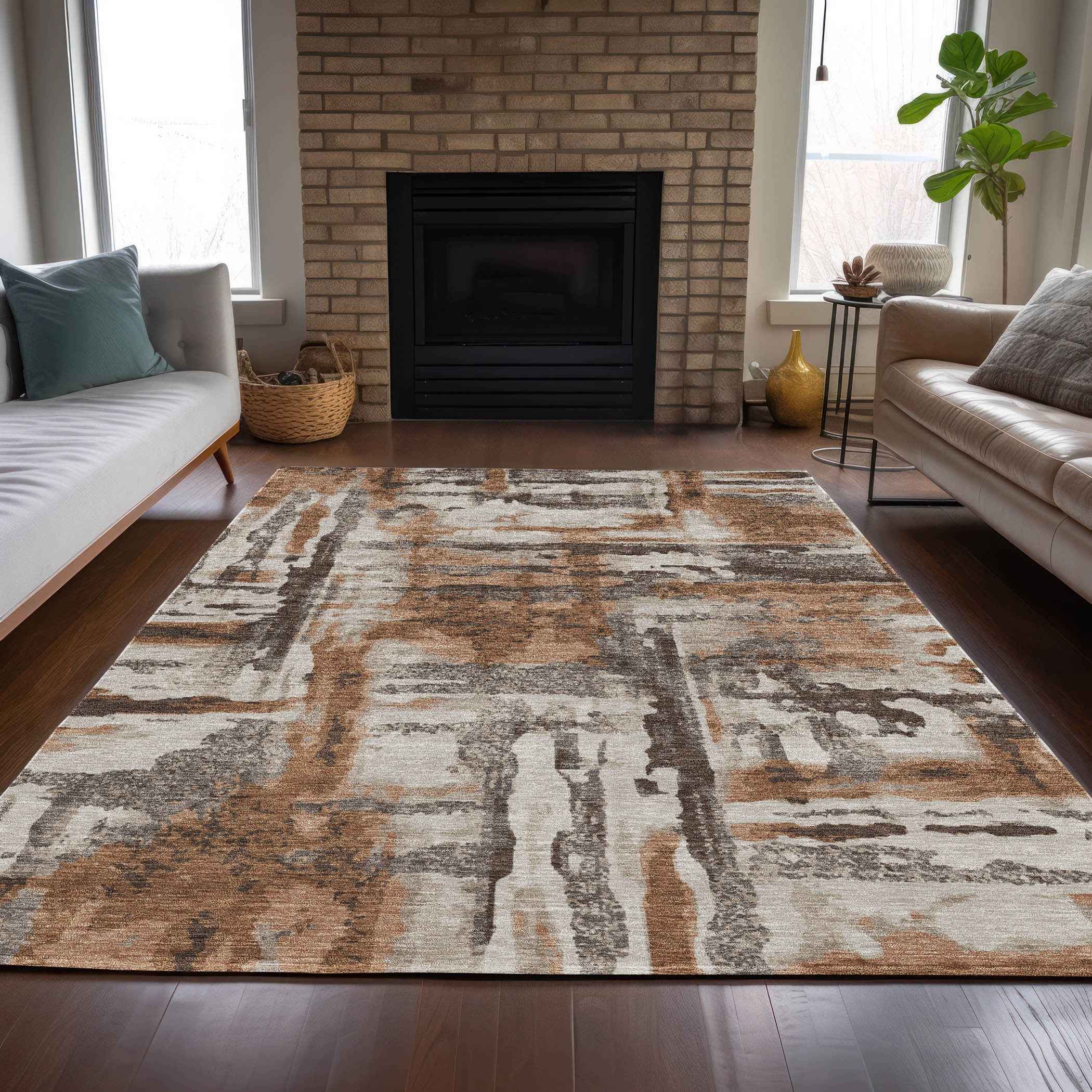 3' X 5' Rust And Taupe Abstract Washable Indoor Outdoor Area Rug