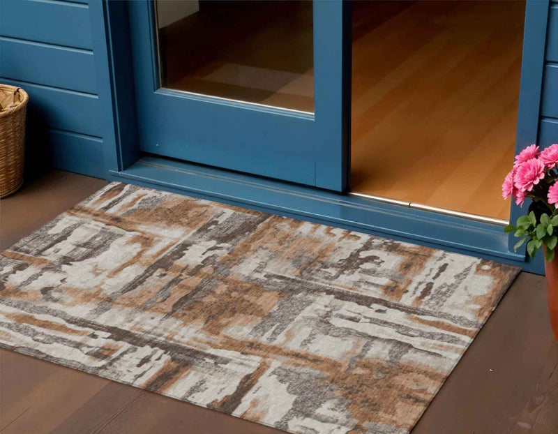 3' X 5' Rust And Taupe Abstract Washable Indoor Outdoor Area Rug