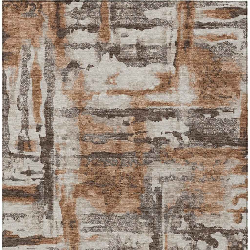 3' X 5' Rust And Taupe Abstract Washable Indoor Outdoor Area Rug