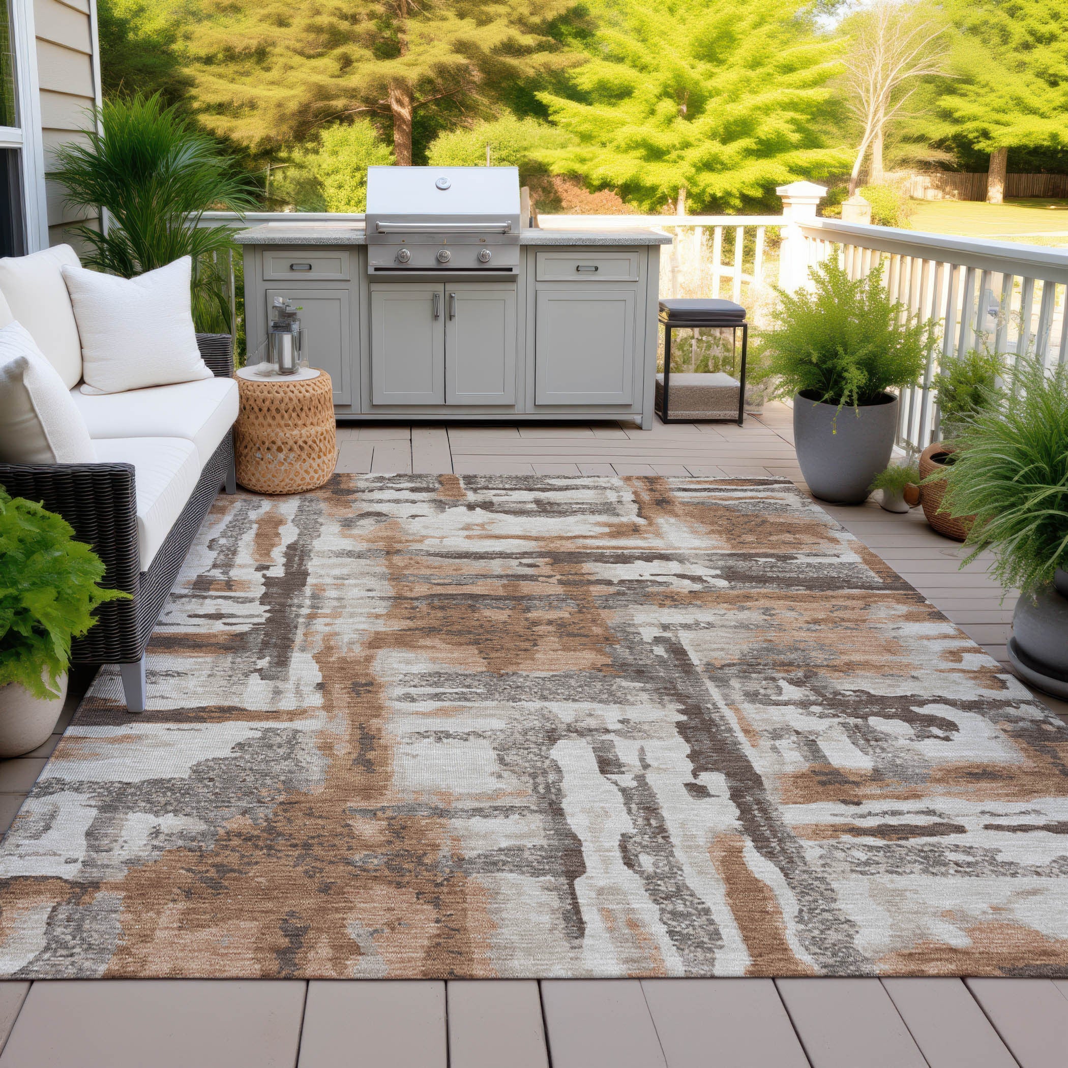3' X 5' Rust And Taupe Abstract Washable Indoor Outdoor Area Rug - GreatEagleInc