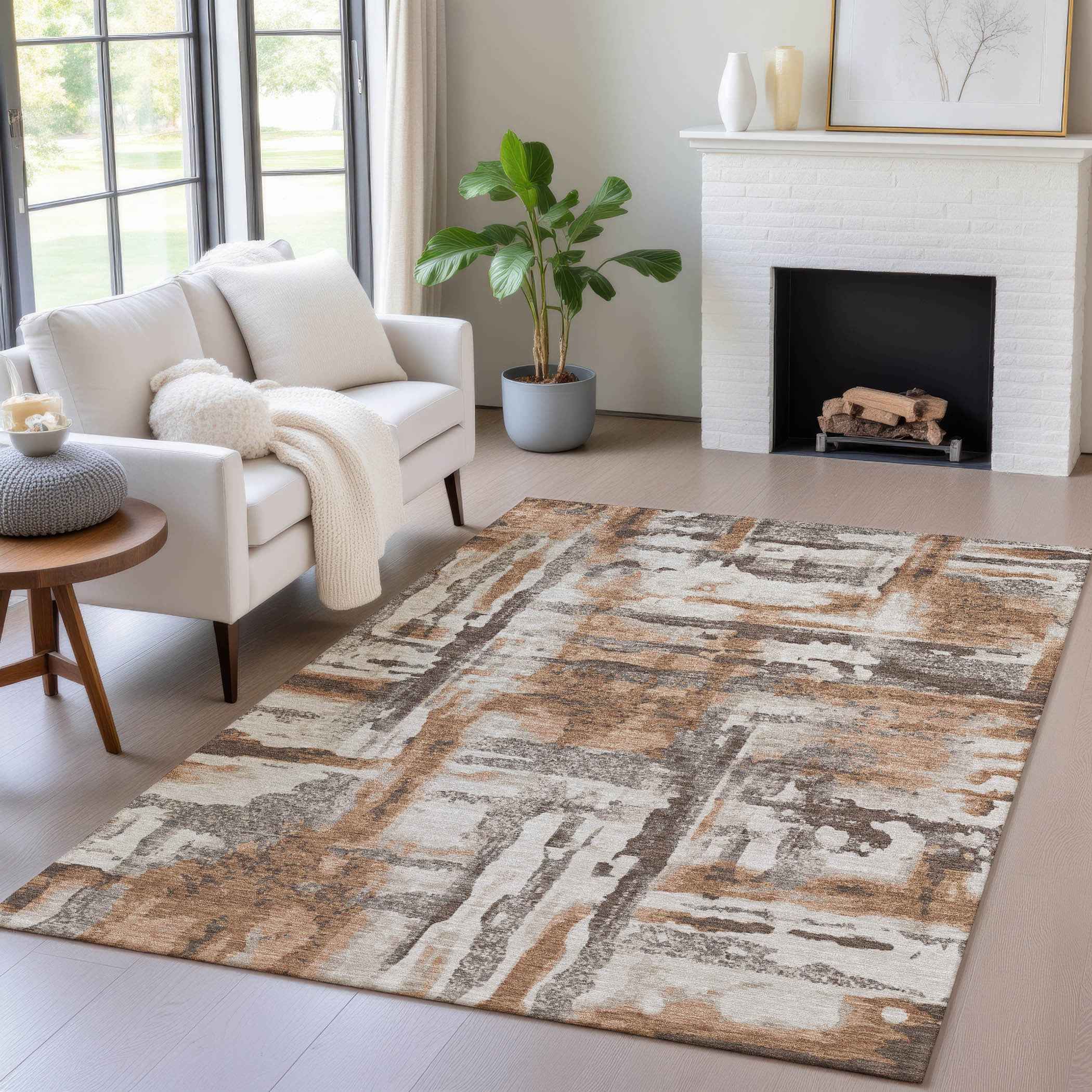 3' X 5' Rust And Taupe Abstract Washable Indoor Outdoor Area Rug
