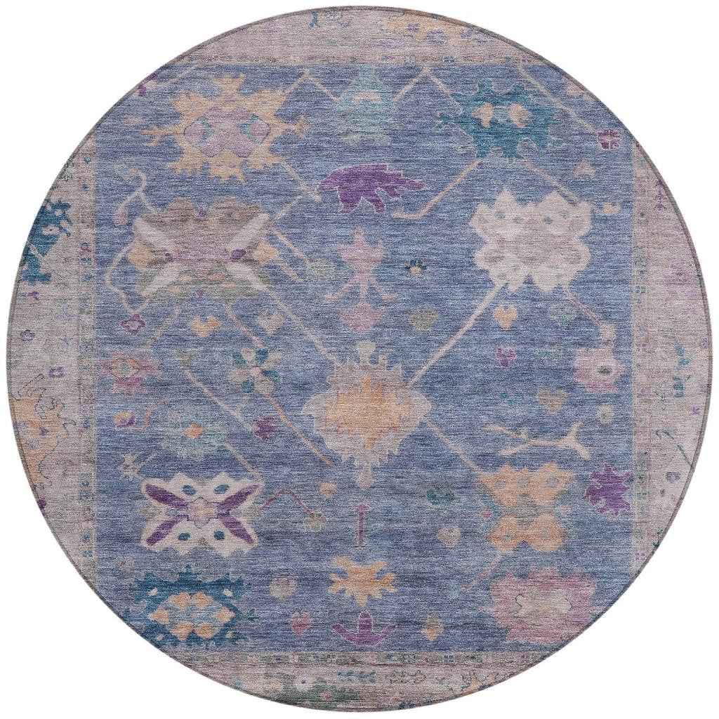 8' Blue And Purple Round Tribal Washable Indoor Outdoor Area Rug