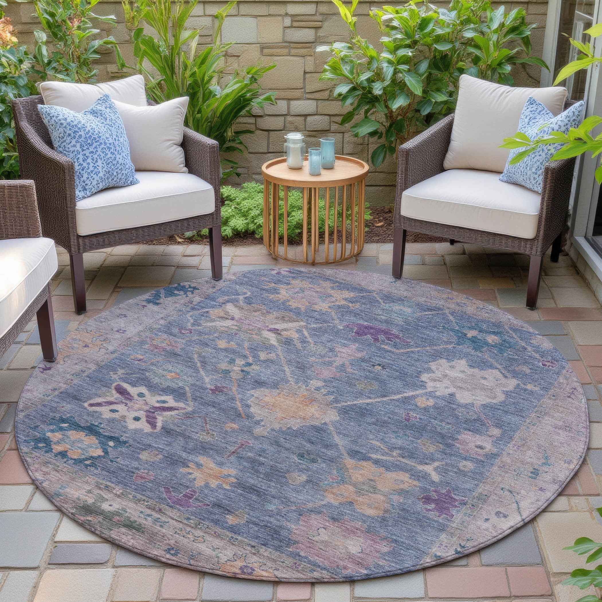 8' Blue And Purple Round Tribal Washable Indoor Outdoor Area Rug