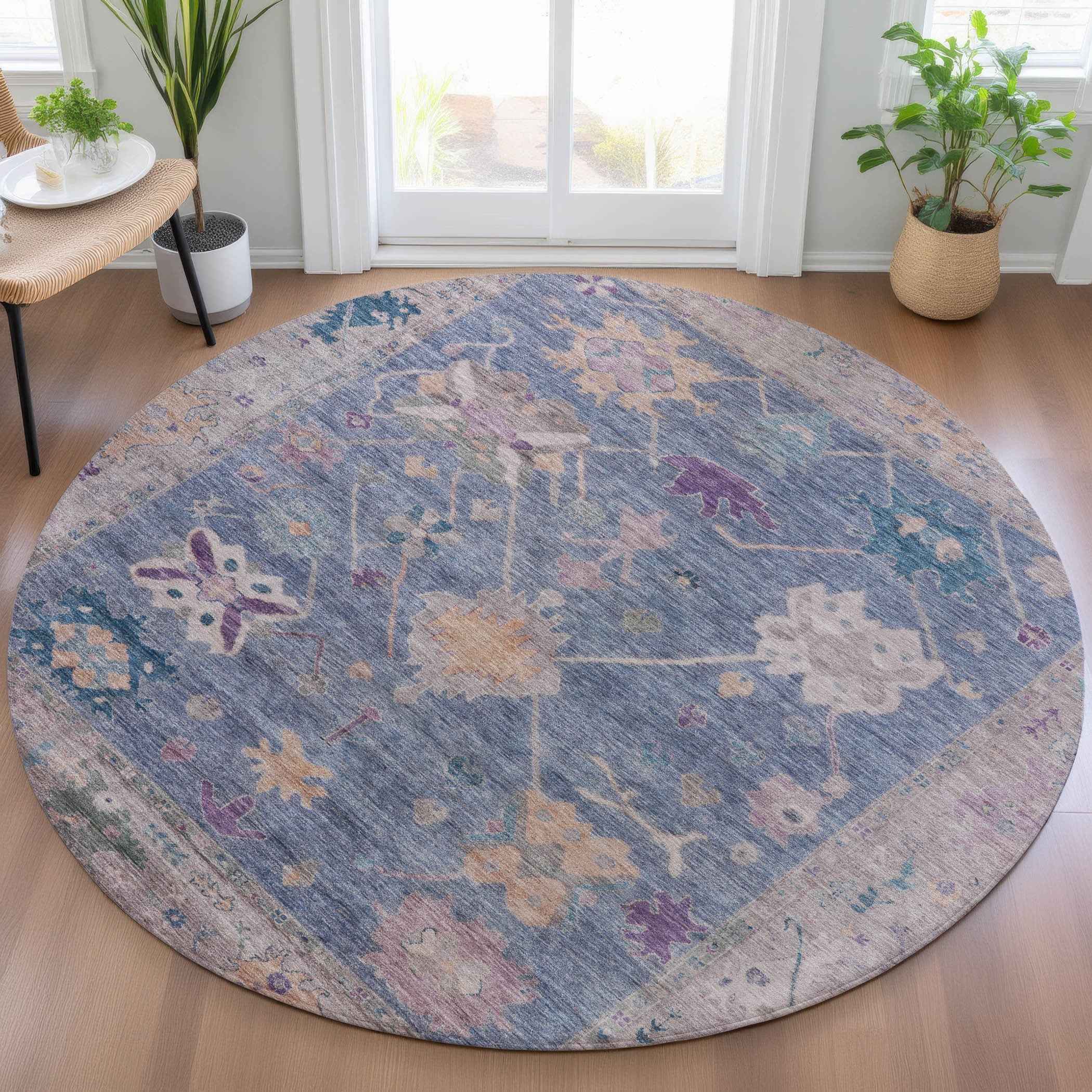 8' Blue And Purple Round Tribal Washable Indoor Outdoor Area Rug