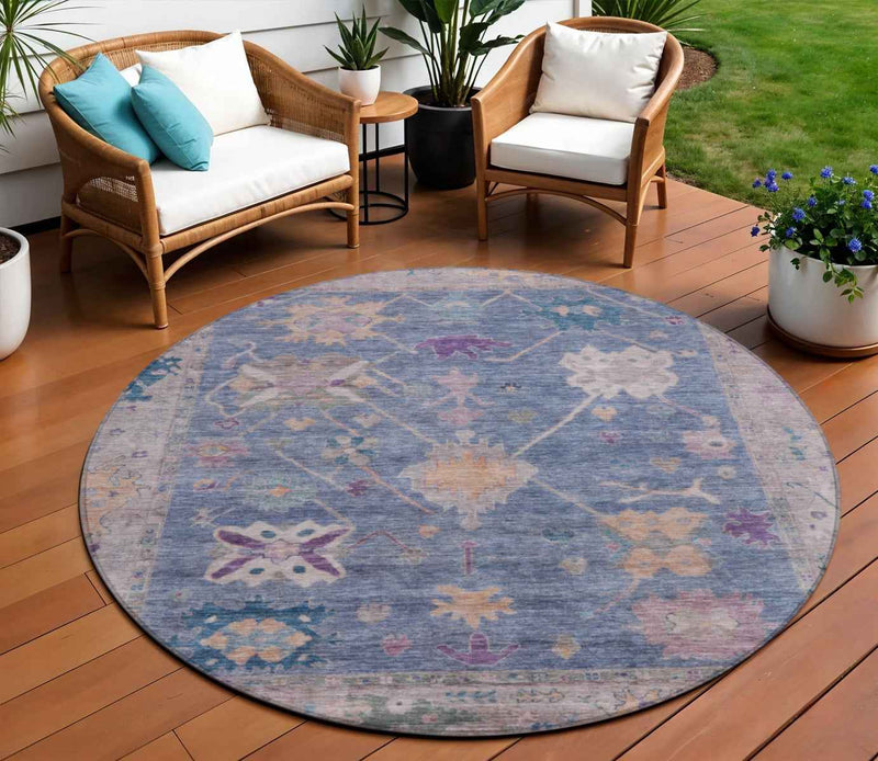 8' Blue And Purple Round Tribal Washable Indoor Outdoor Area Rug