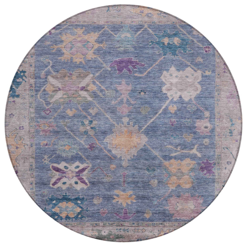 8' Blue And Purple Round Tribal Washable Indoor Outdoor Area Rug