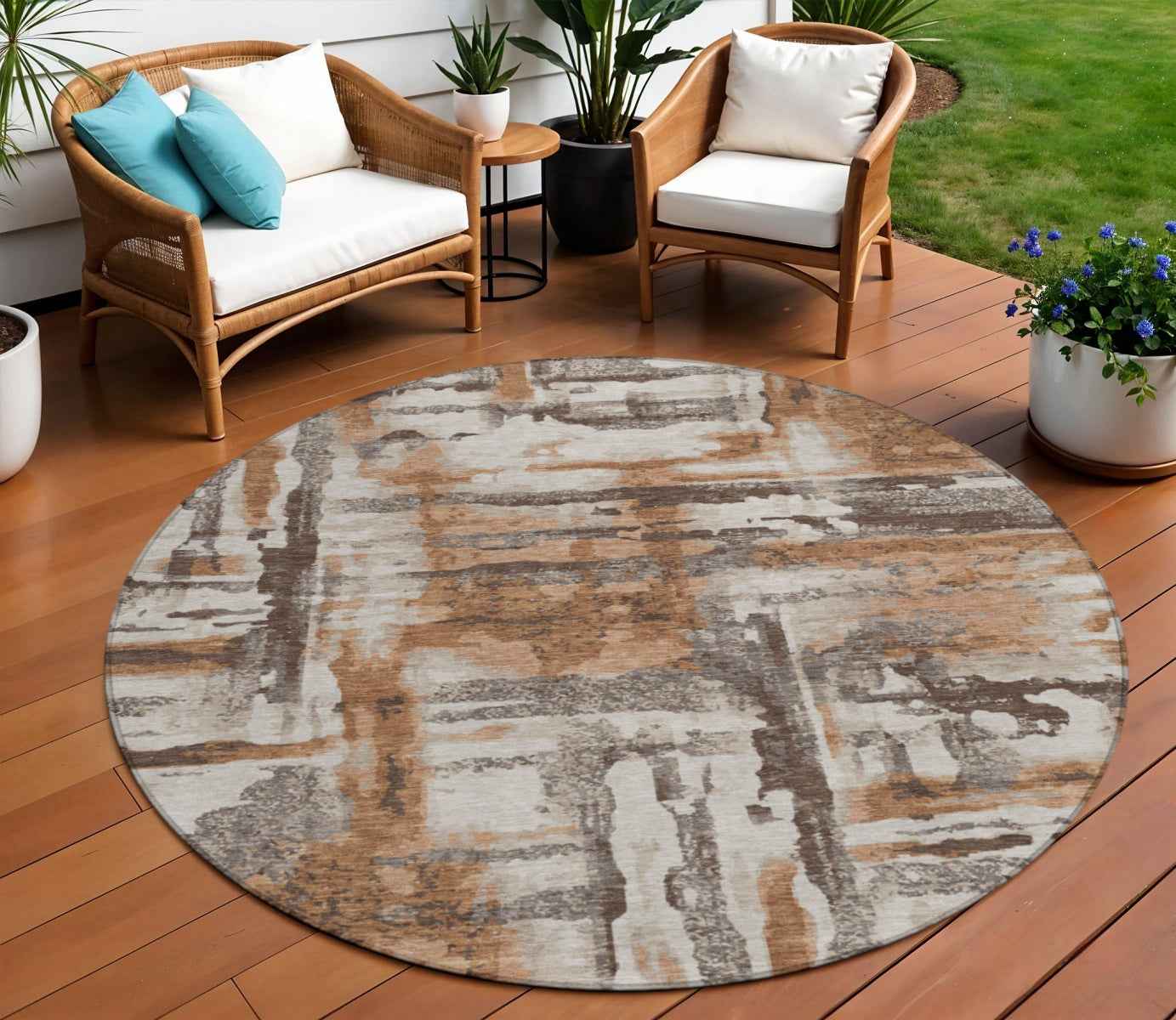 8' Rust And Taupe Round Abstract Washable Indoor Outdoor Area Rug