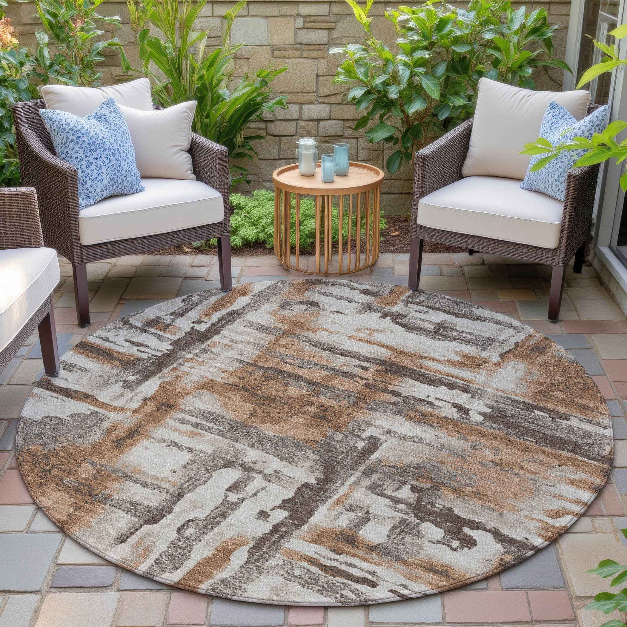 8' Rust And Taupe Round Abstract Washable Indoor Outdoor Area Rug