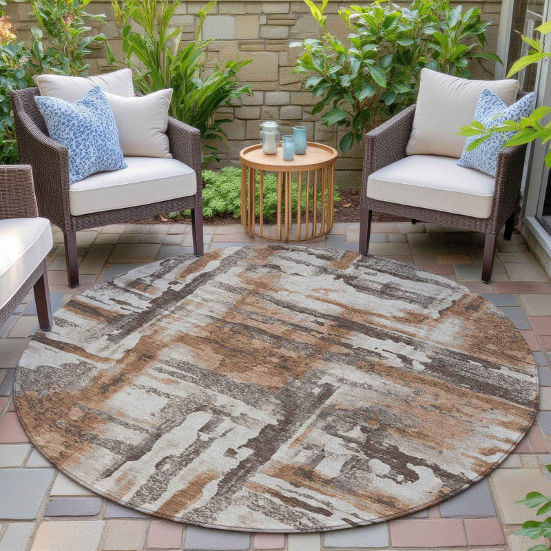 8' Rust And Taupe Round Abstract Washable Indoor Outdoor Area Rug
