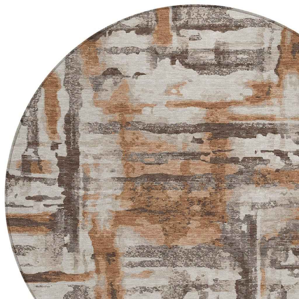 8' Rust And Taupe Round Abstract Washable Indoor Outdoor Area Rug