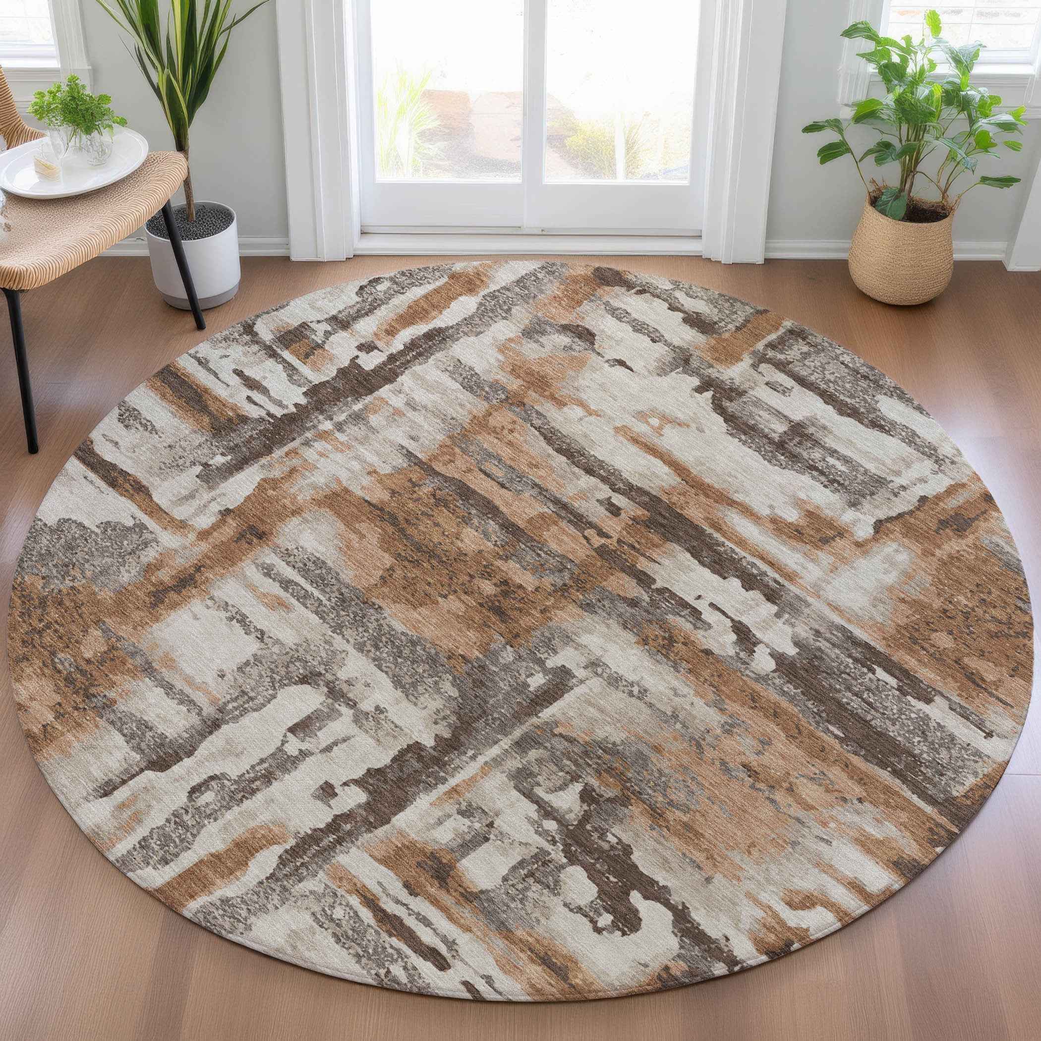 8' Rust And Taupe Round Abstract Washable Indoor Outdoor Area Rug