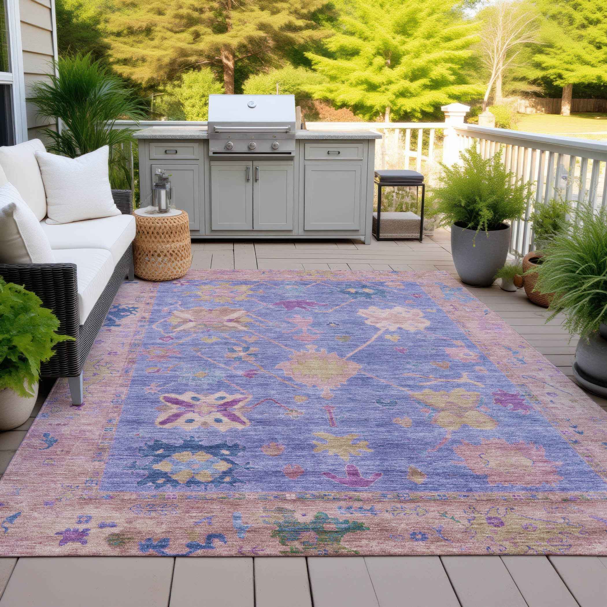 9' X 12' Purple And Blue Tribal Washable Indoor Outdoor Area Rug