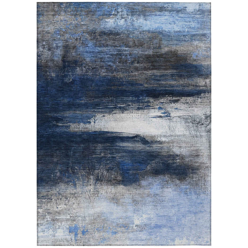 5' X 8' Navy Blue Charcoal And Ivory Abstract Washable Indoor Outdoor Area Rug
