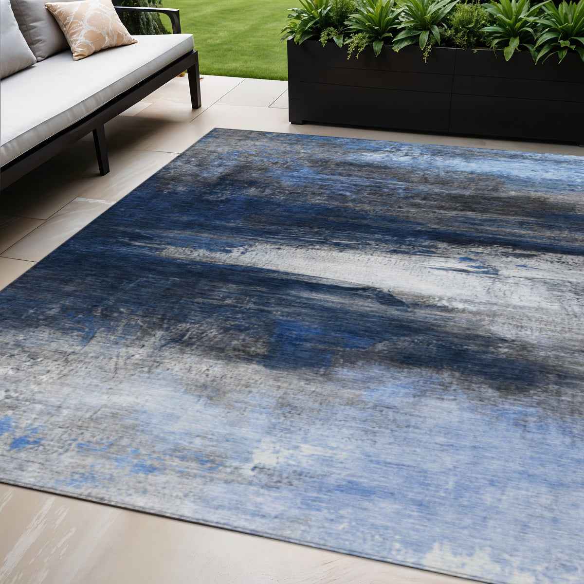 5' X 8' Navy Blue Charcoal And Ivory Abstract Washable Indoor Outdoor Area Rug