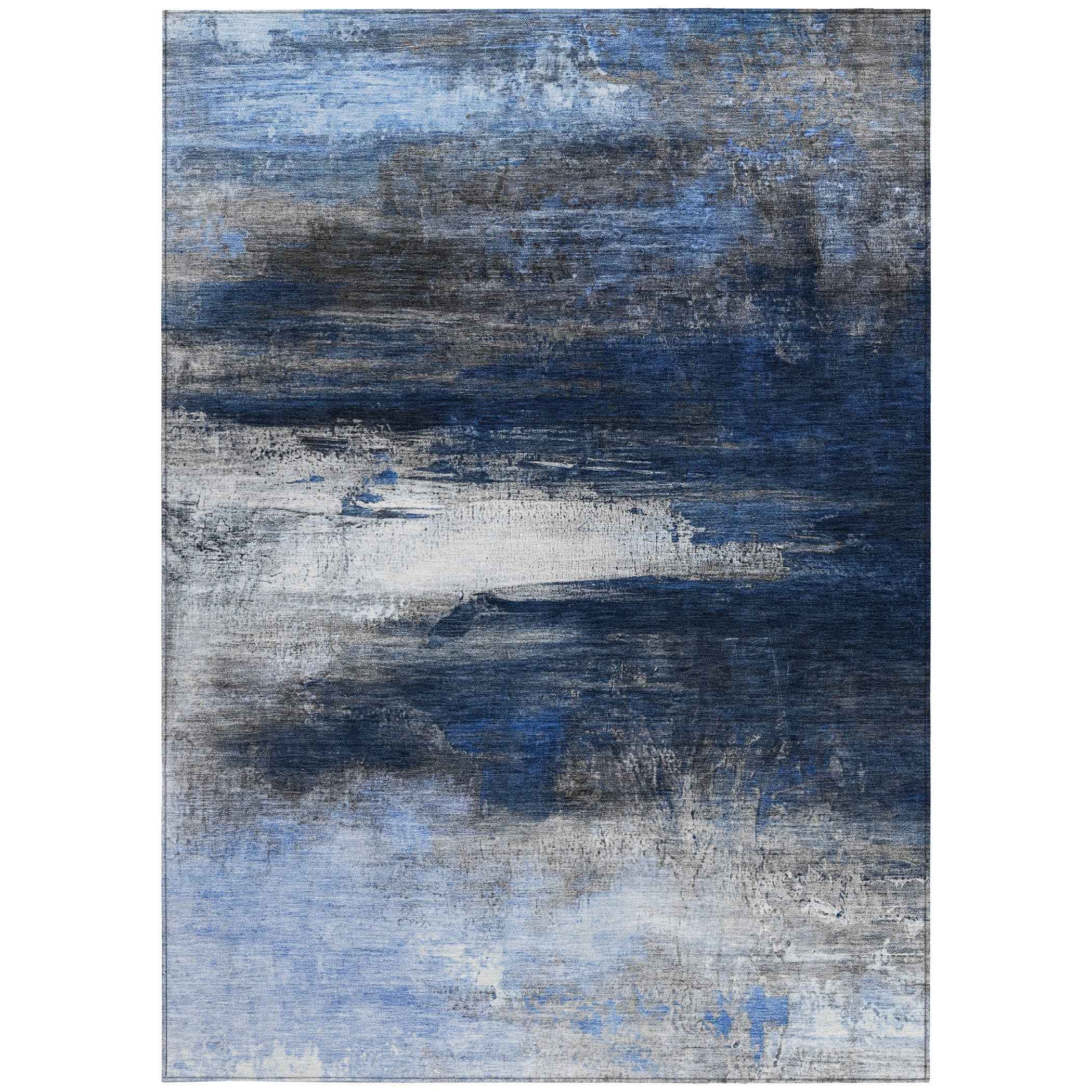 5' X 8' Navy Blue Charcoal And Ivory Abstract Washable Indoor Outdoor Area Rug