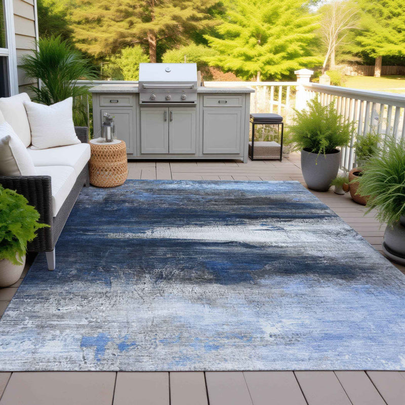 8' X 10' Navy Blue Charcoal And Ivory Abstract Washable Indoor Outdoor Area Rug