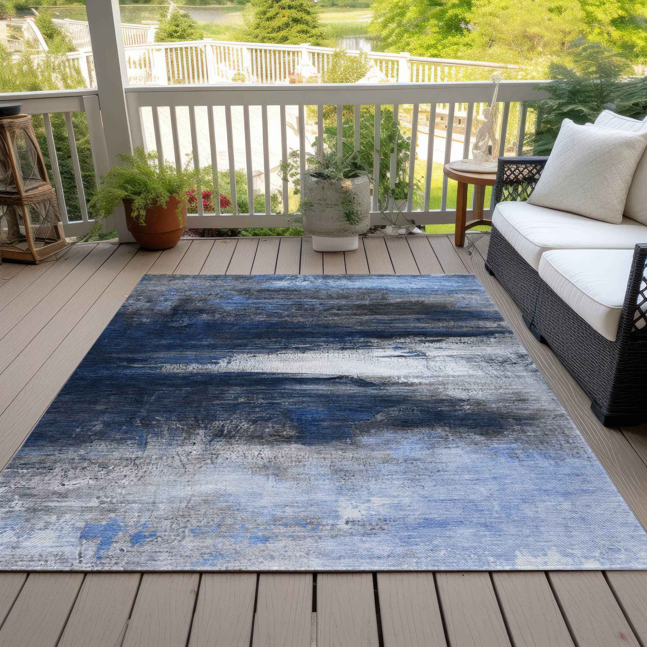8' X 10' Navy Blue Charcoal And Ivory Abstract Washable Indoor Outdoor Area Rug