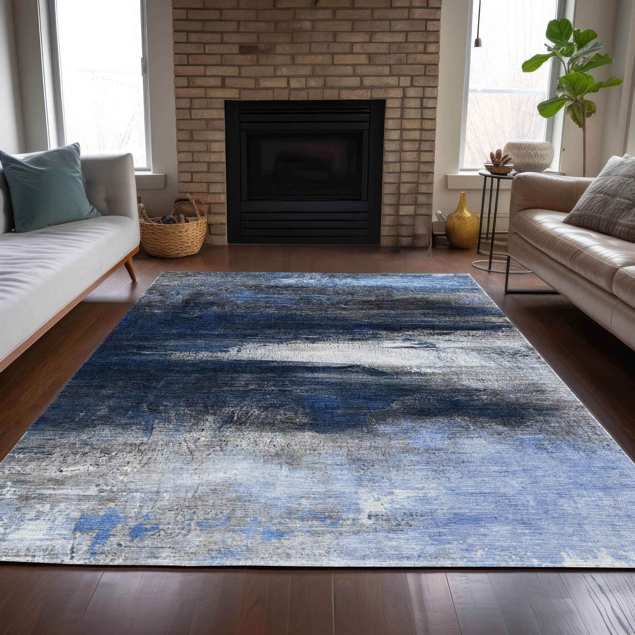 8' X 10' Navy Blue Charcoal And Ivory Abstract Washable Indoor Outdoor Area Rug