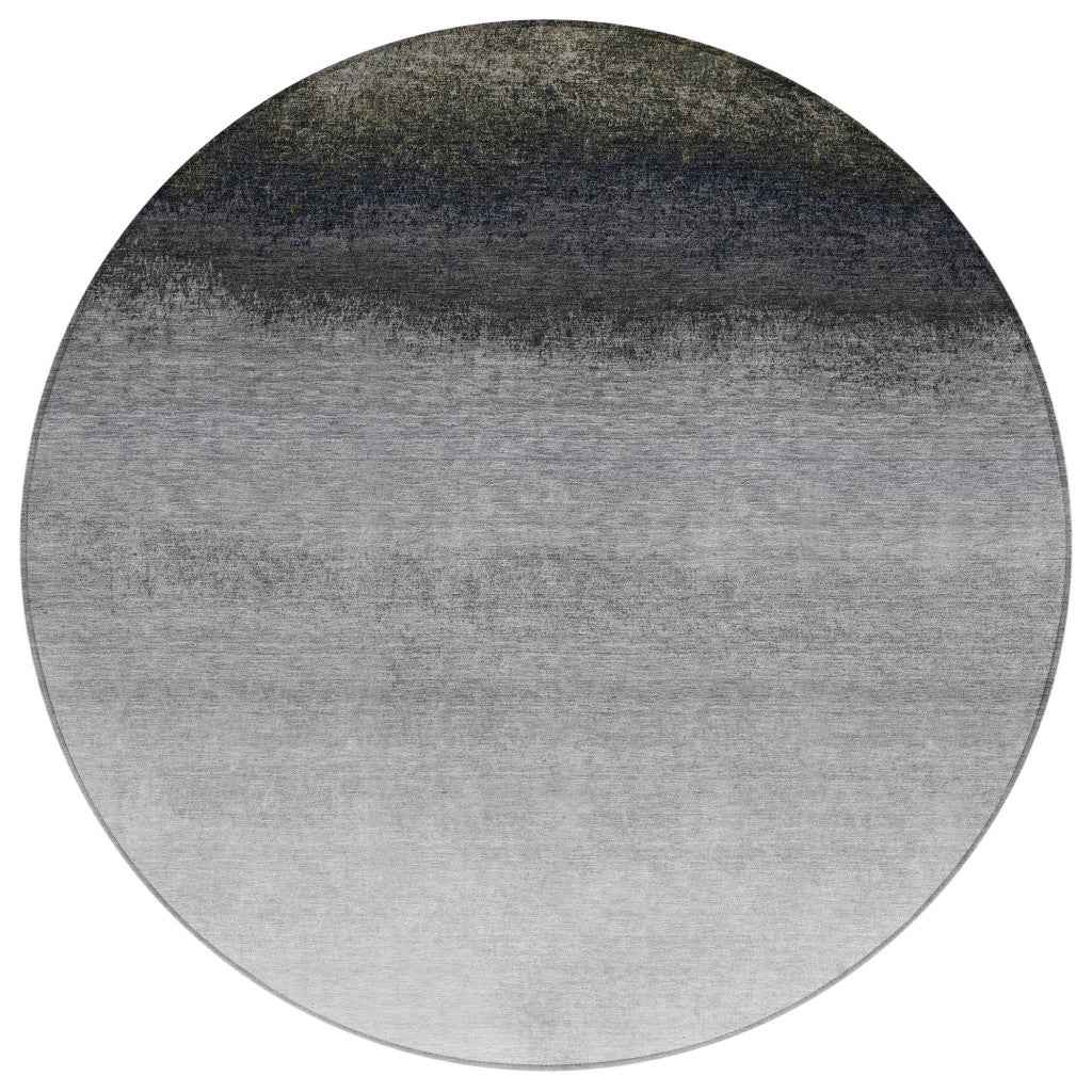 8' Silver And Black Round Ombre Washable Indoor Outdoor Area Rug