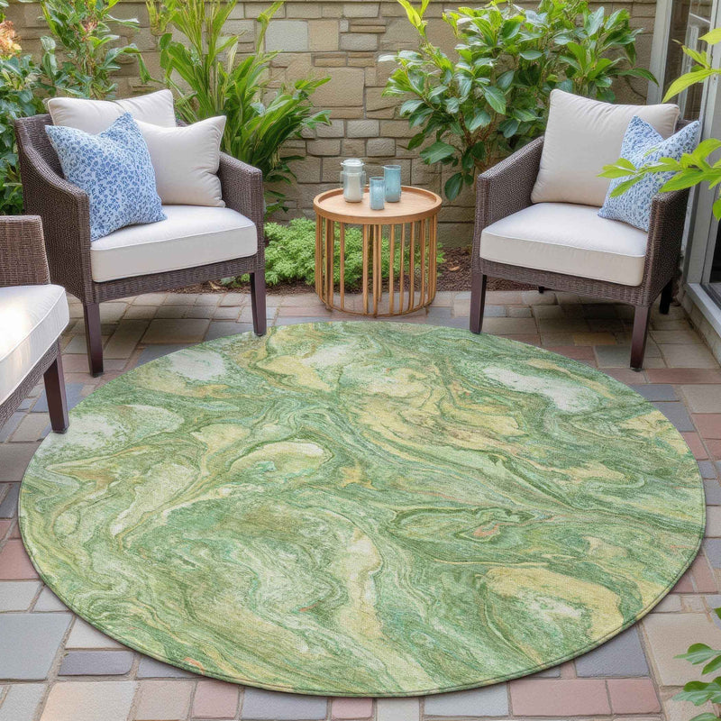 8' Green And Gold Round Abstract Washable Indoor Outdoor Area Rug