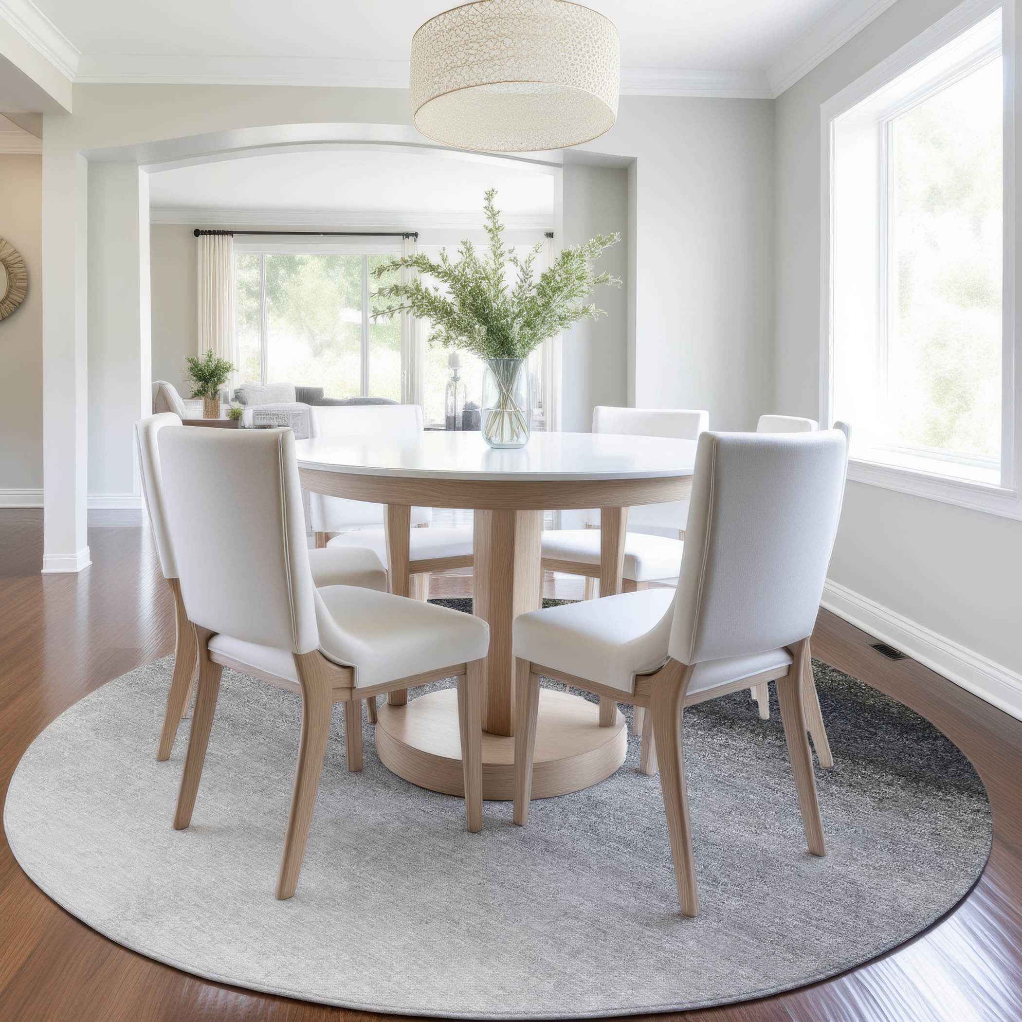 8' Silver And Black Round Ombre Washable Indoor Outdoor Area Rug