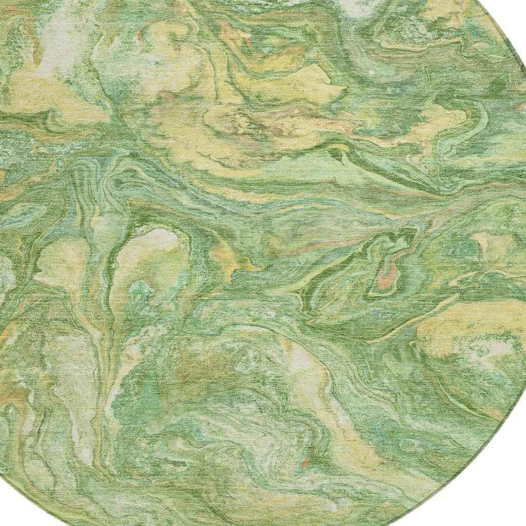 8' Green And Gold Round Abstract Washable Indoor Outdoor Area Rug