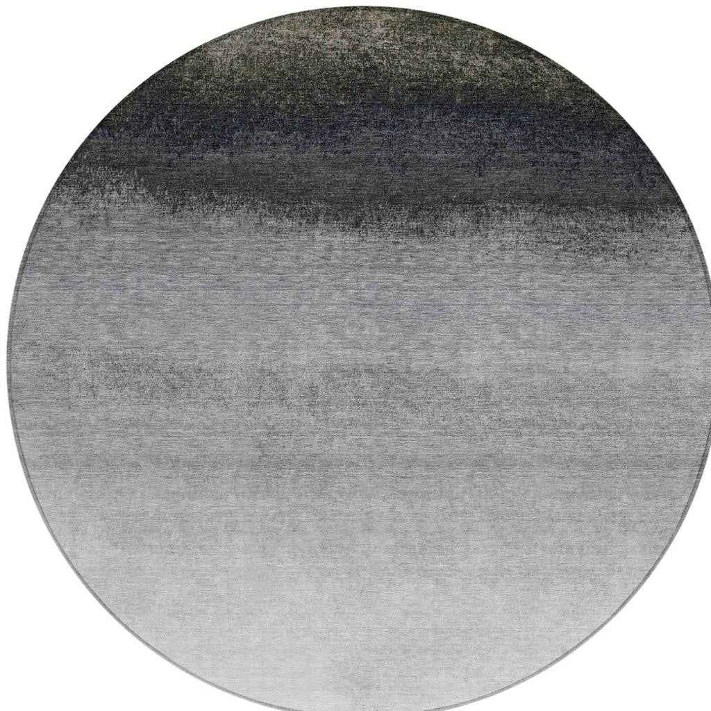 8' Silver And Black Round Ombre Washable Indoor Outdoor Area Rug
