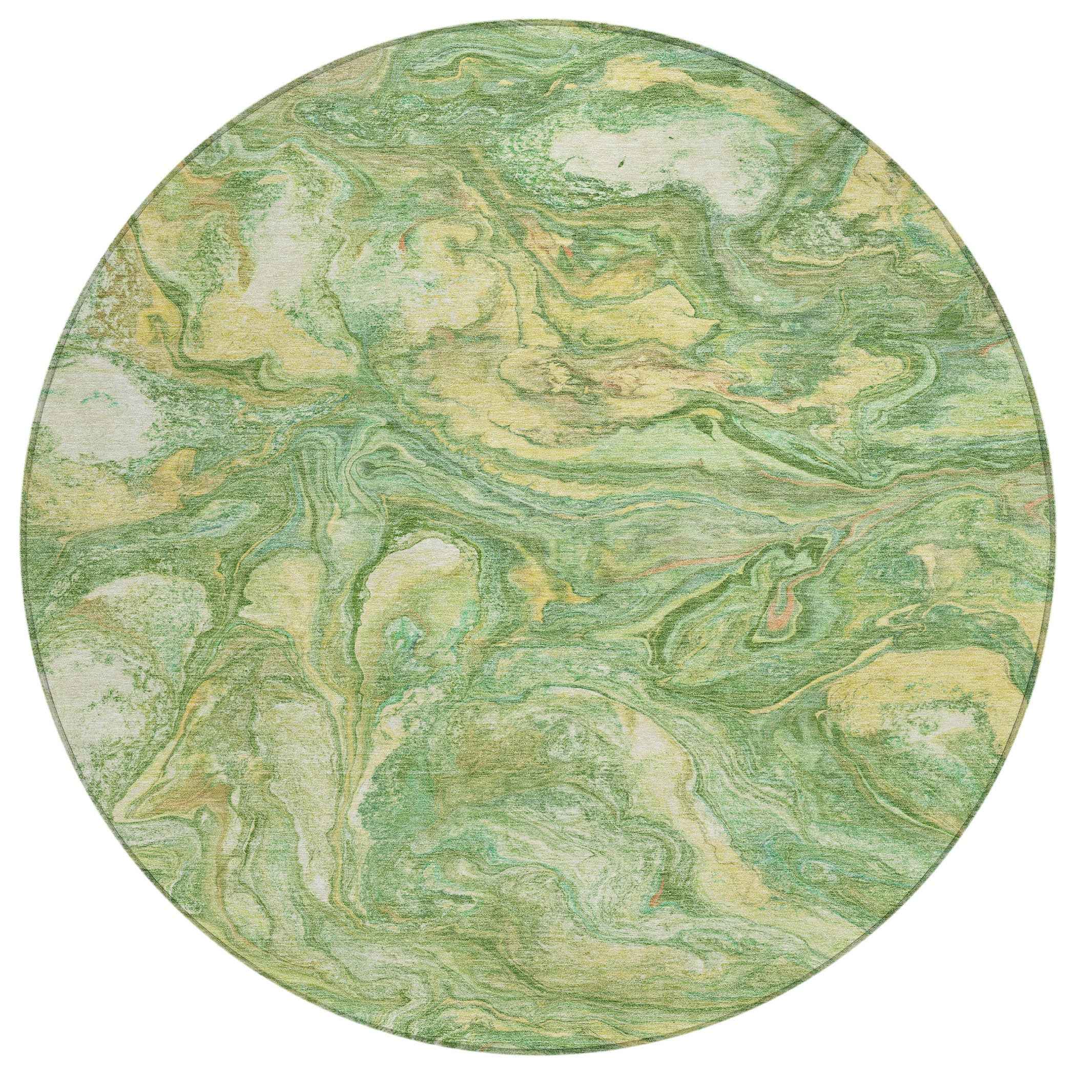8' Green And Gold Round Abstract Washable Indoor Outdoor Area Rug