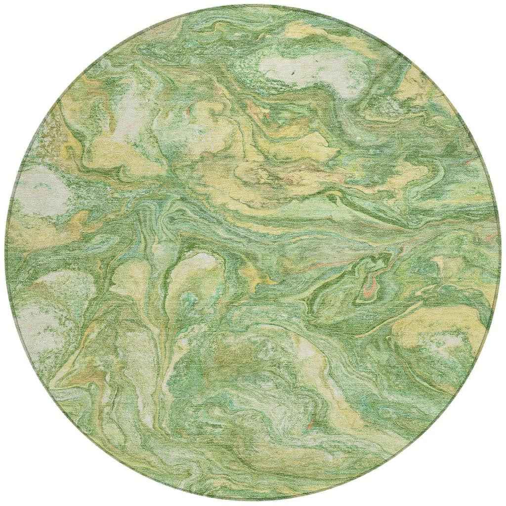 8' Green And Gold Round Abstract Washable Indoor Outdoor Area Rug