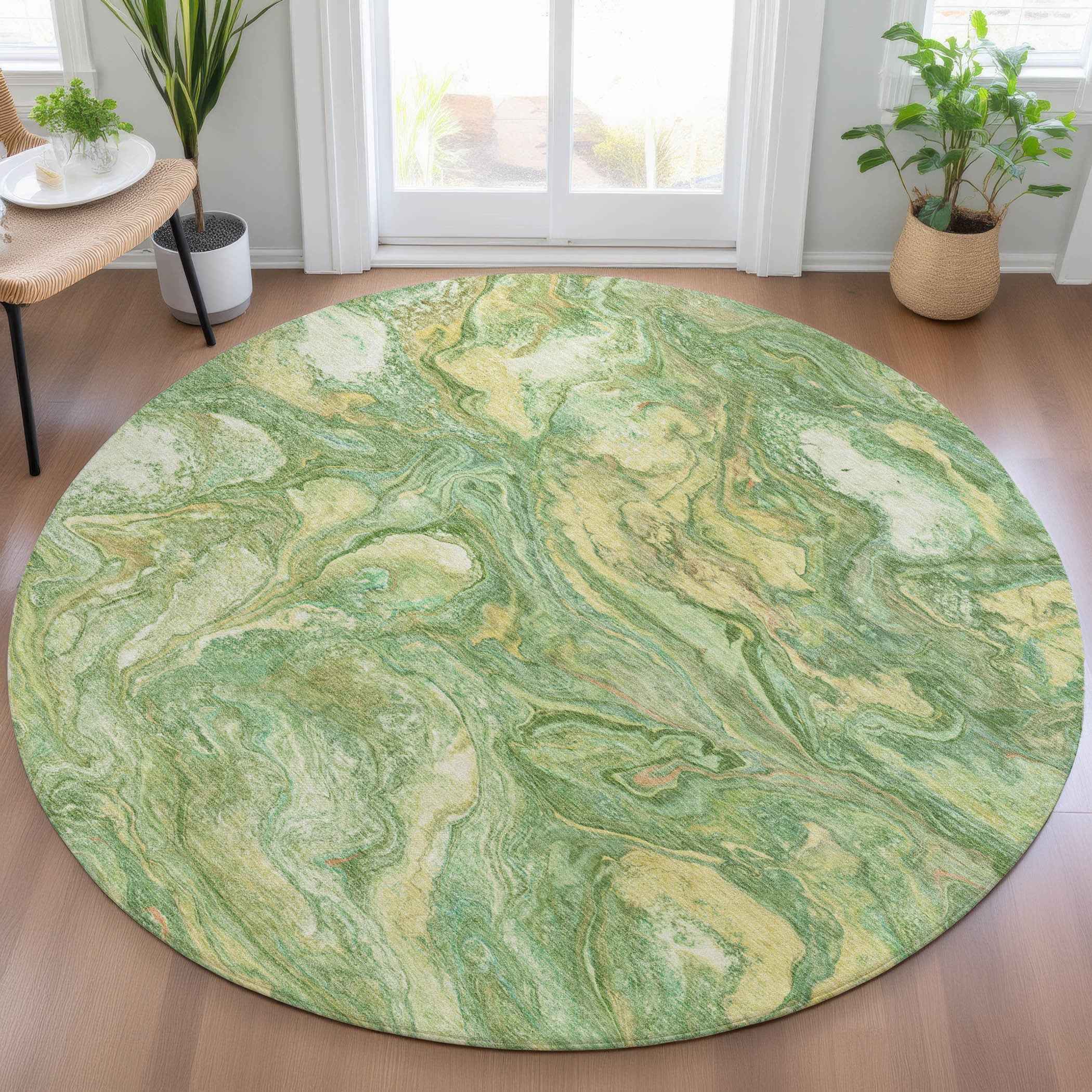 8' Green And Gold Round Abstract Washable Indoor Outdoor Area Rug