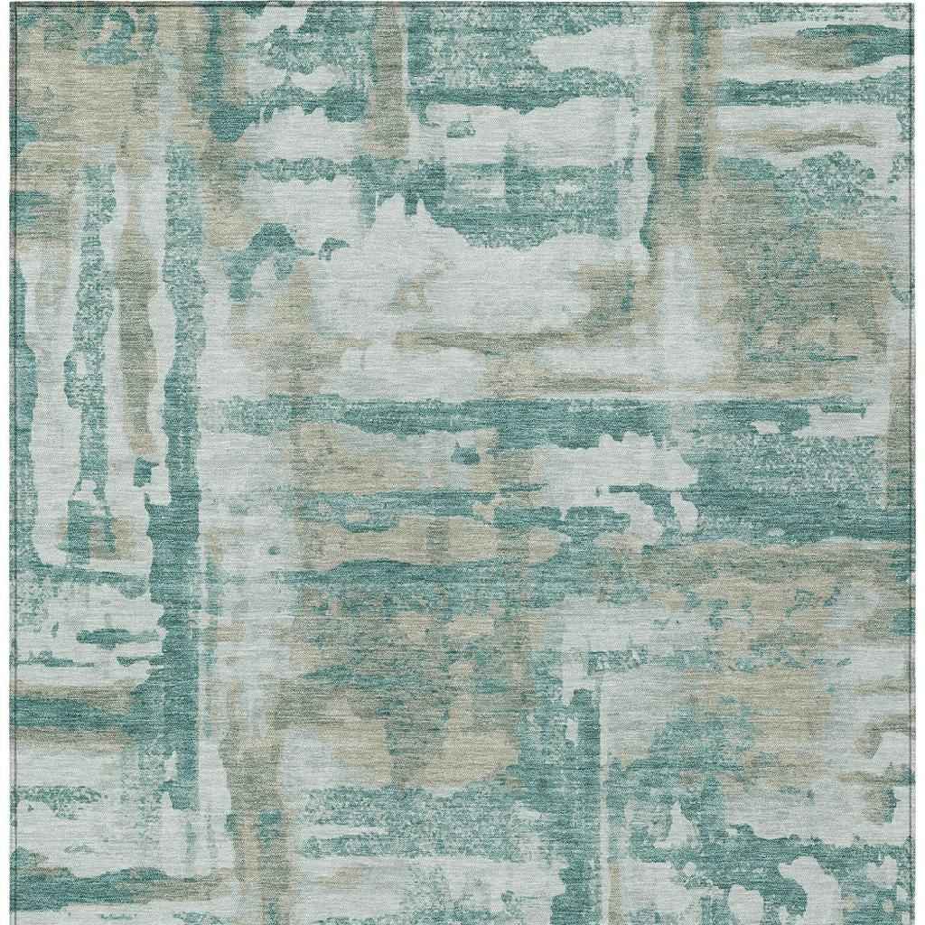 3' X 5' Teal Blue And Ivory Abstract Washable Indoor Outdoor Area Rug
