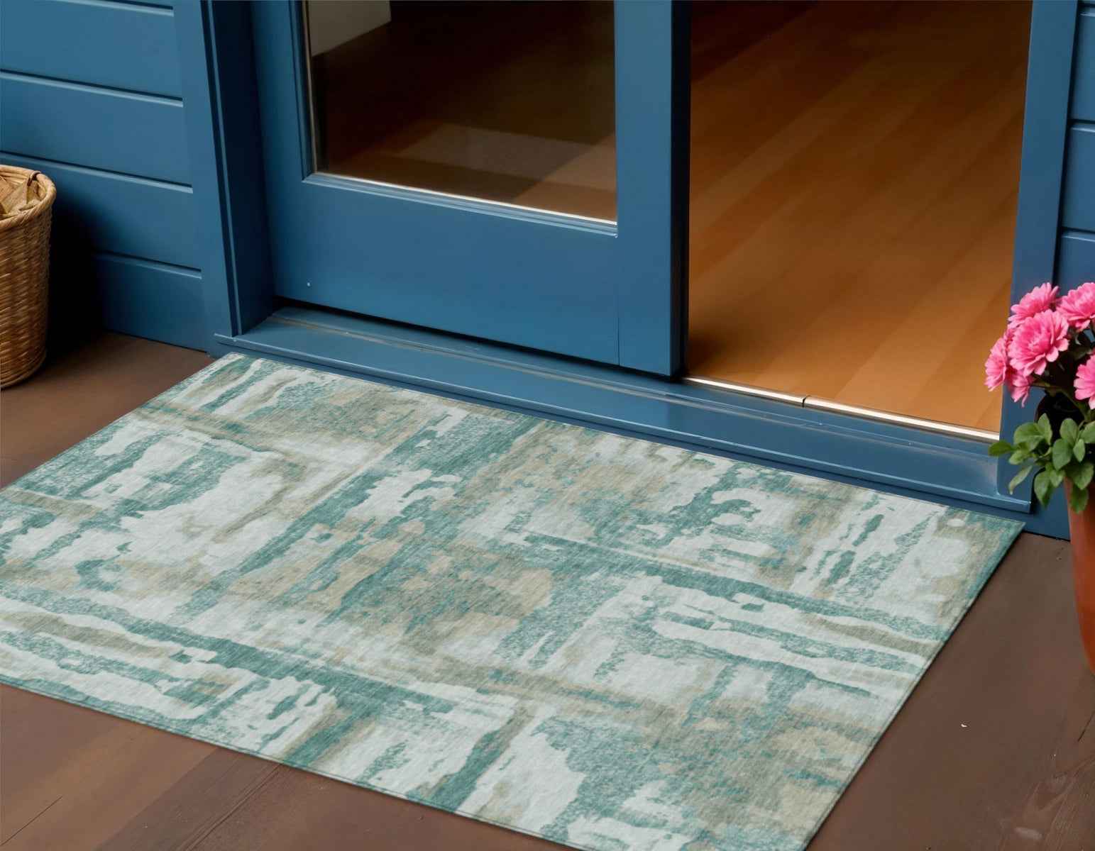 3' X 5' Teal Blue And Ivory Abstract Washable Indoor Outdoor Area Rug