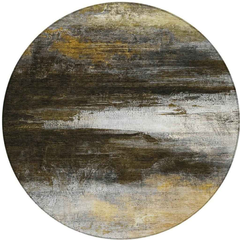 8' Chocolate Gold And Beige Round Abstract Washable Indoor Outdoor Area Rug