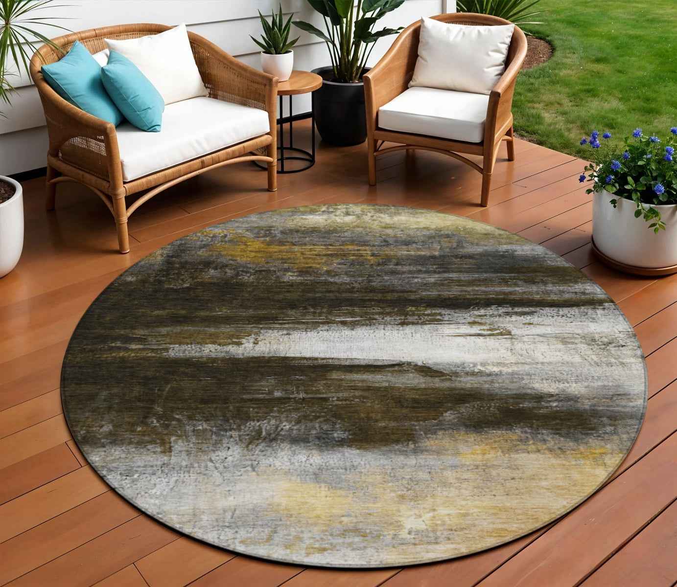 8' Chocolate Gold And Beige Round Abstract Washable Indoor Outdoor Area Rug