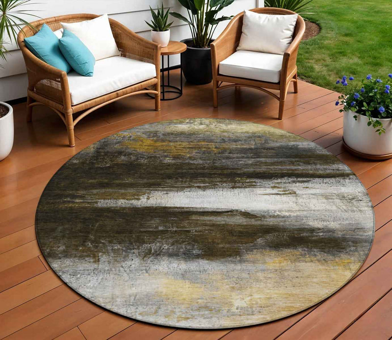 8' Chocolate Gold And Beige Round Abstract Washable Indoor Outdoor Area Rug