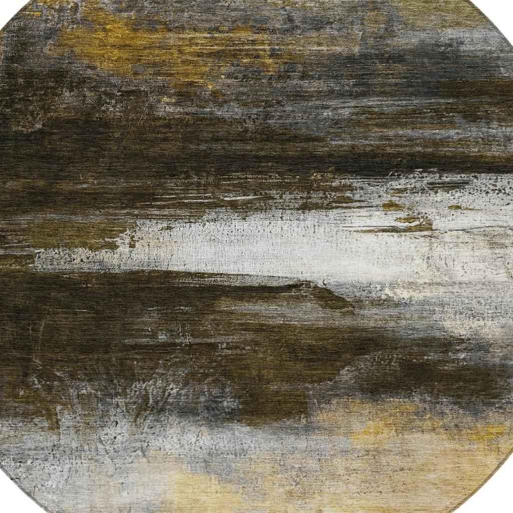 8' Chocolate Gold And Beige Round Abstract Washable Indoor Outdoor Area Rug
