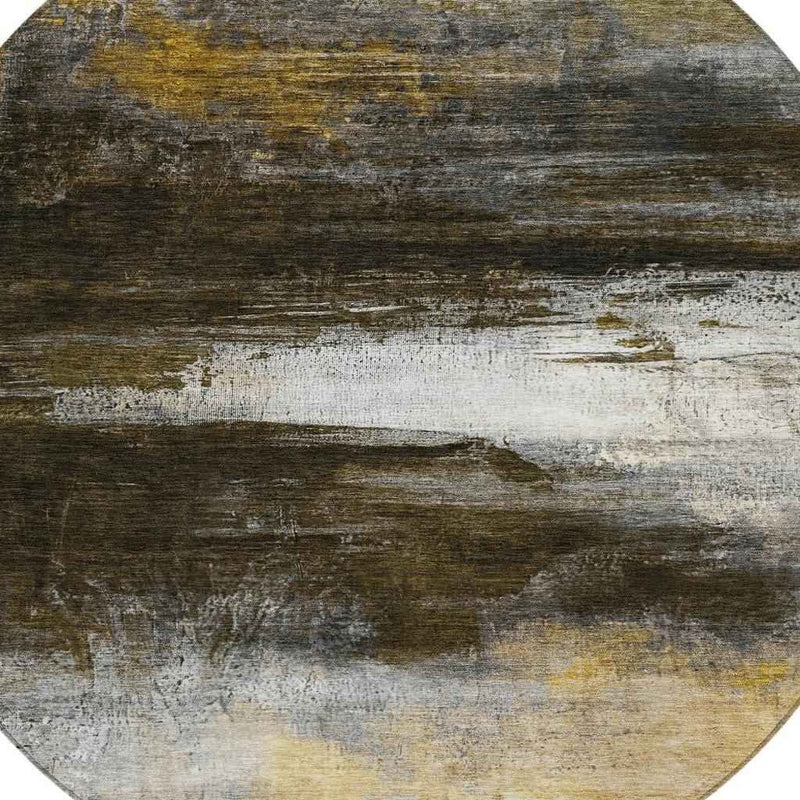 8' Chocolate Gold And Beige Round Abstract Washable Indoor Outdoor Area Rug