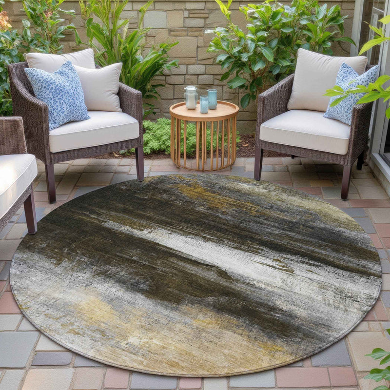 8' Chocolate Gold And Beige Round Abstract Washable Indoor Outdoor Area Rug