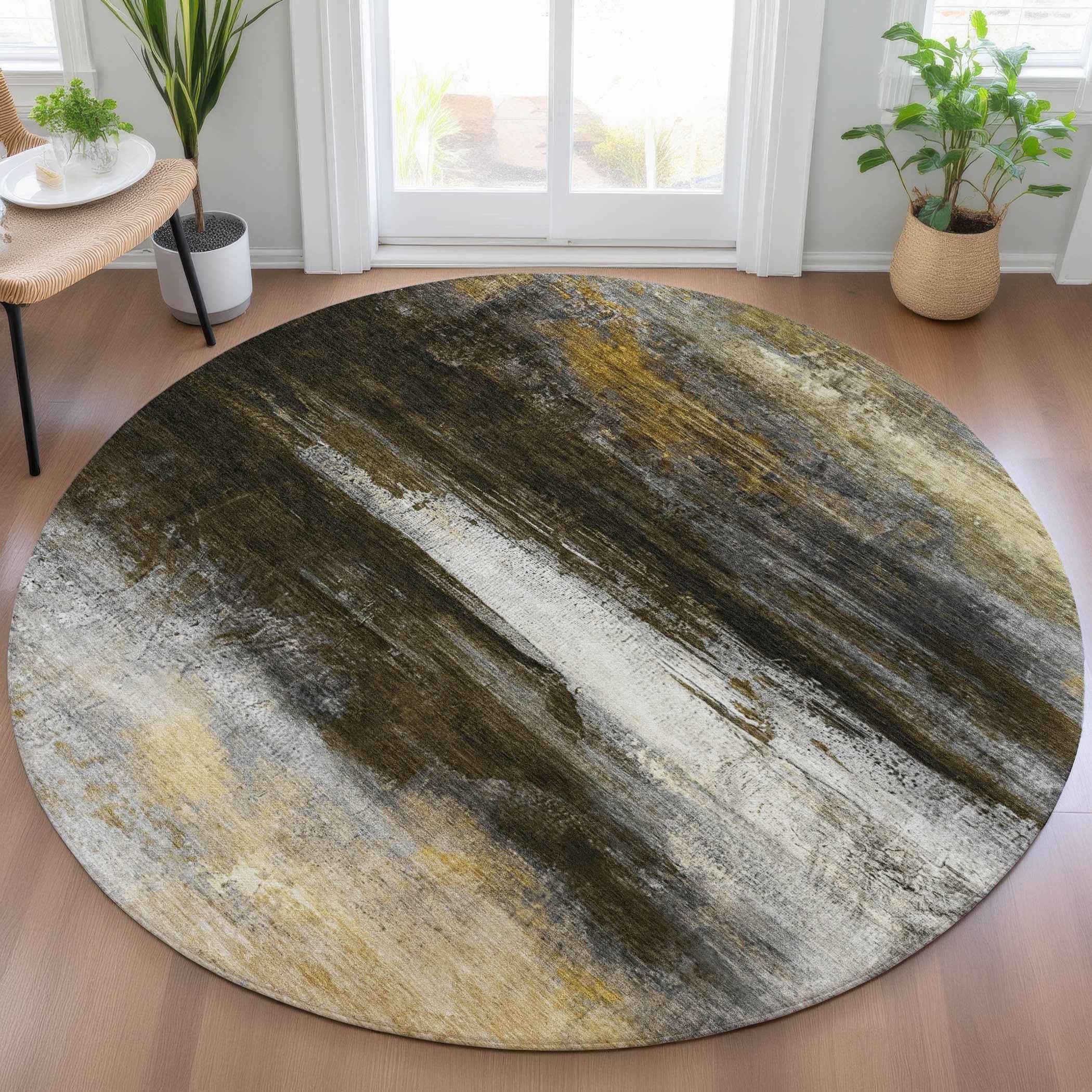 8' Chocolate Gold And Beige Round Abstract Washable Indoor Outdoor Area Rug